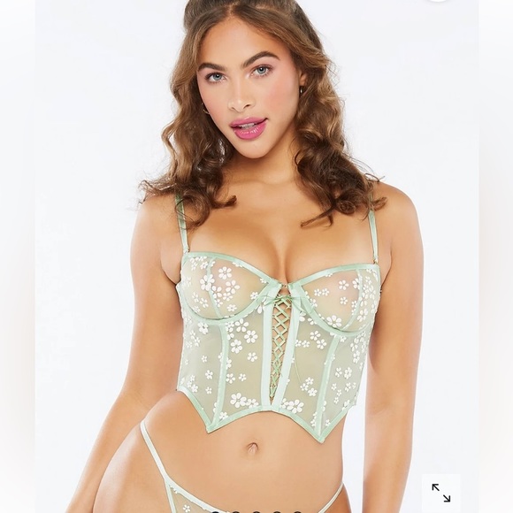 Savage X Fenty Mint Hint Green Puff Daisy Unlined Bustier Set with Bikini Panty - Picture 2 of 16